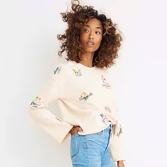 Madewell Embroidered Floral blush pink Bell Sleeve Crewneck - Picture 4 of 7